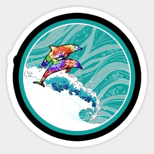 Tie Dye Dolphins Riding the Ocean Waves Sticker